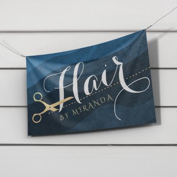 Hair Salon Hairstylist Modern Blue & Gold Scissors Banner by ReadyCardCard at Zazzle