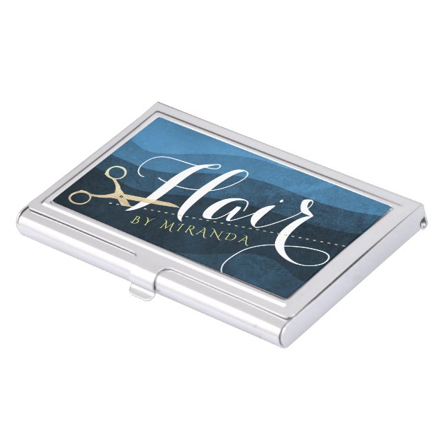 Hair Salon Hairstylist Modern Blue & Gold Scissors Business Card Case (Front)
