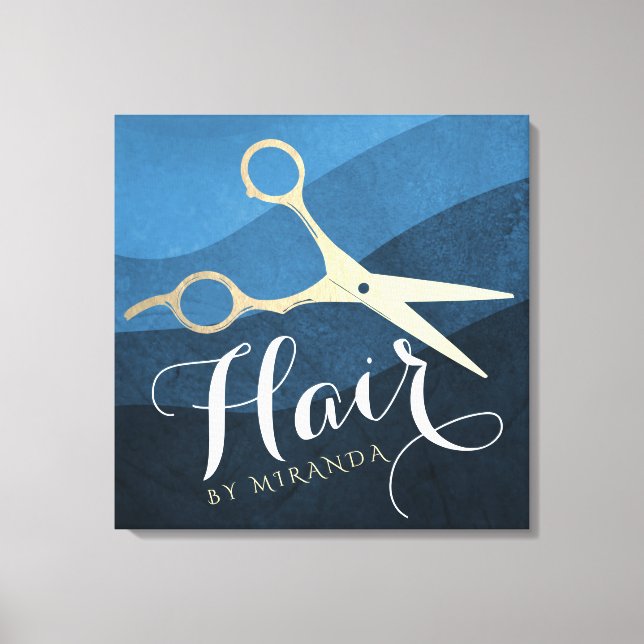 Hair Salon Hairstylist Modern Blue & Gold Scissors Canvas Print (Front)