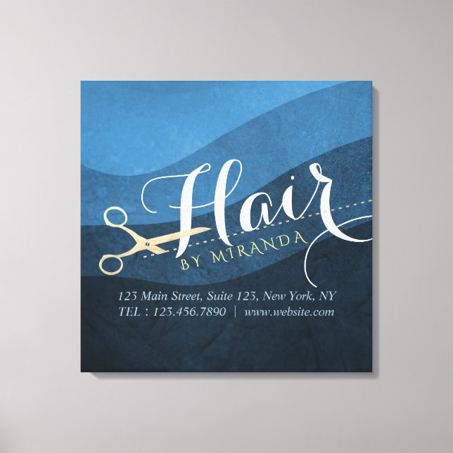 Hair Salon Hairstylist Modern Blue & Gold Scissors Canvas Print (Front)