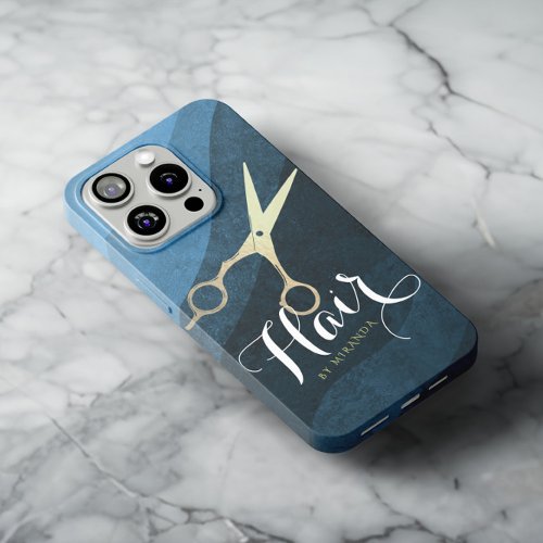 Hair Salon Hairstylist Modern  Blue Gold Scissors iPhone 13 Pro Max Case