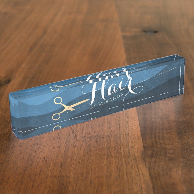 Hair Salon Hairstylist Modern Blue & Gold Scissors Desk Name Plate (Side)