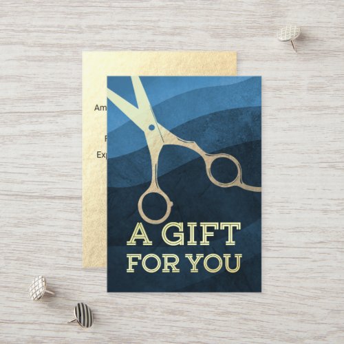 Hair Salon Hairstylist Modern Blue  Gold Scissors Discount Card