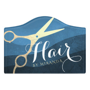 Hair Salon Hairstylist Modern Blue & Gold Scissors Door Sign