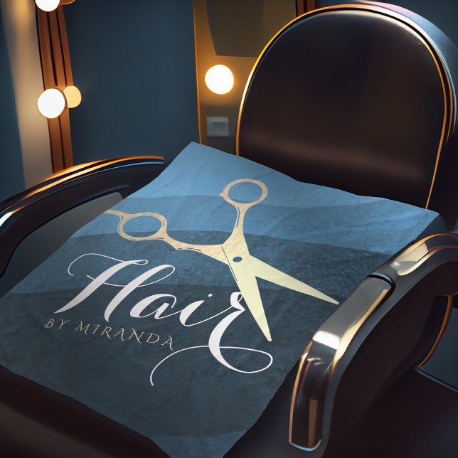 Hair Salon Hairstylist Modern Blue & Gold Scissors Fleece Blanket (Creator Uploaded)