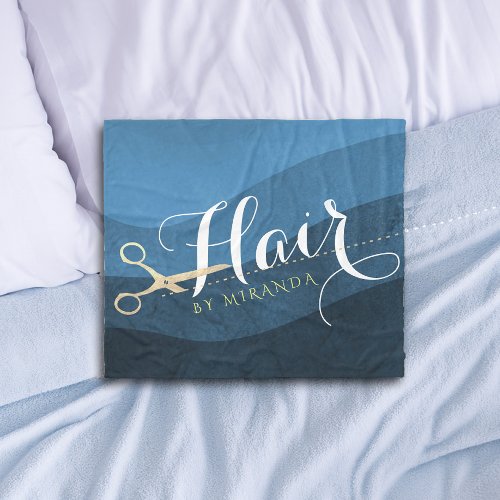 Hair Salon Hairstylist Modern Blue  Gold Scissors Fleece Blanket