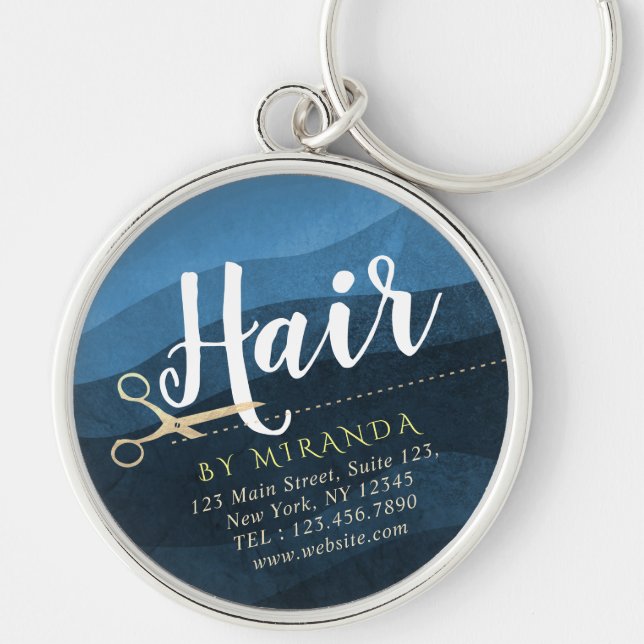 Hair Salon Hairstylist Modern Blue & Gold Scissors Keychain (Front)