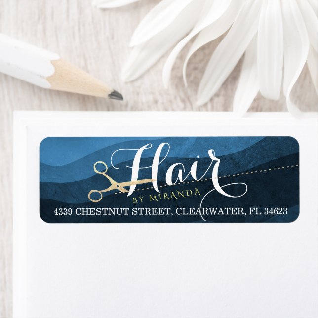 Hair Salon Hairstylist Modern Blue & Gold Scissors Label (Insitu)