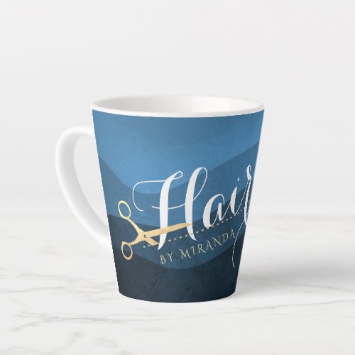 Hair Salon Hairstylist Modern Blue  Gold Scissors Latte Mug