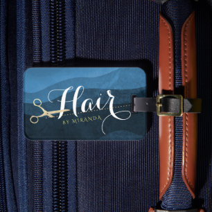 Hair Salon Hairstylist Modern Blue & Gold Scissors Luggage Tag