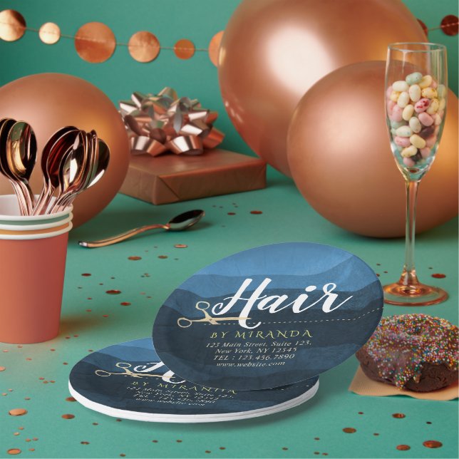 Hair Salon Hairstylist Modern Blue & Gold Scissors Paper Plates (Multi)