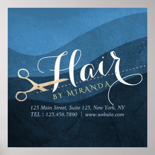 Hair Salon Hairstylist Modern Blue  Gold Scissors Poster