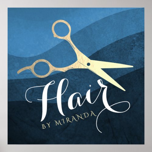 Hair Salon Hairstylist Modern Blue  Gold Scissors Poster