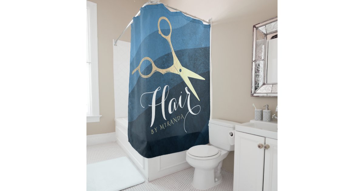 Hair Salon Hairstylist Modern Blue & Gold Scissors Shower Curtain