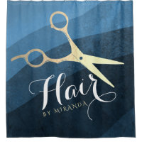 Hair Salon Hairstylist Modern Blue & Gold Scissors Shower Curtain