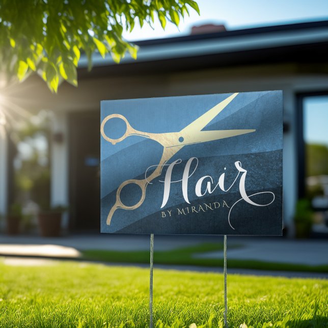 Hair Salon Hairstylist Modern Blue & Gold Scissors Sign (Creator Uploaded)
