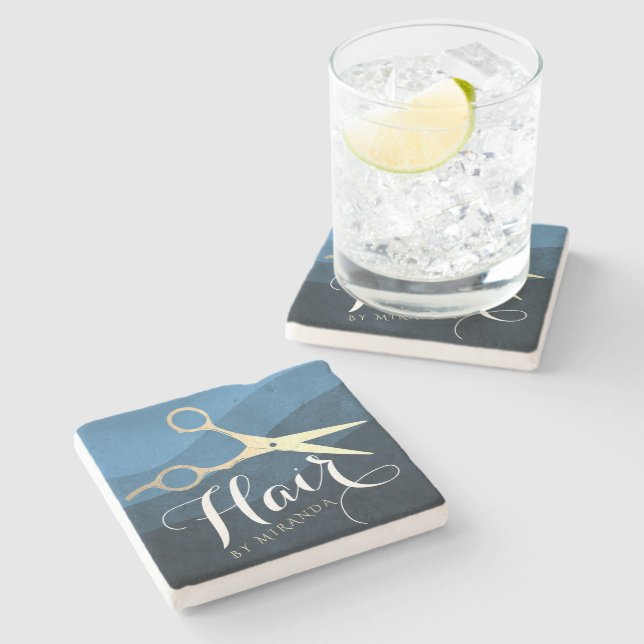 Hair Salon Hairstylist Modern Blue & Gold Scissors Stone Coaster (Side)