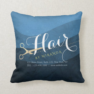 Hair Salon Hairstylist Modern Blue & Gold Scissors Throw Pillow