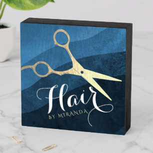 Hair Salon Hairstylist Modern Blue & Gold Scissors Wooden Box Sign