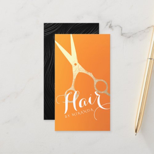 Hair Salon Hairstylist Modern Orange Gold Scissors Appointment Card