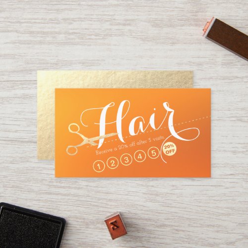 Hair Salon Hairstylist Modern Orange Gold Scissors Loyalty Card