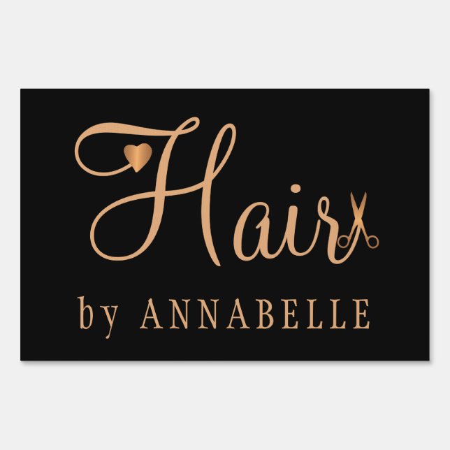 Hair salon hairstylist name copper gold glitter sign (Front)
