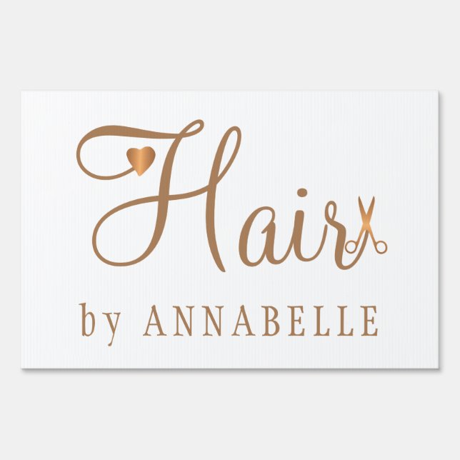 Hair salon hairstylist name copper gold glitter sign (Front)