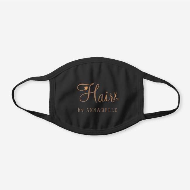 Hair salon hairstylist name gold typography script black cotton face mask