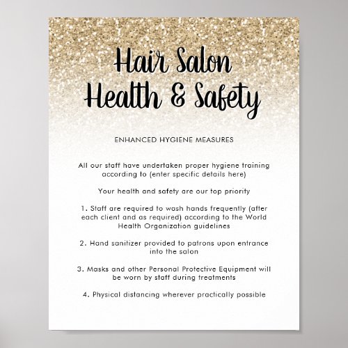 Hair Salon Health Safety Poster Gold Glitter