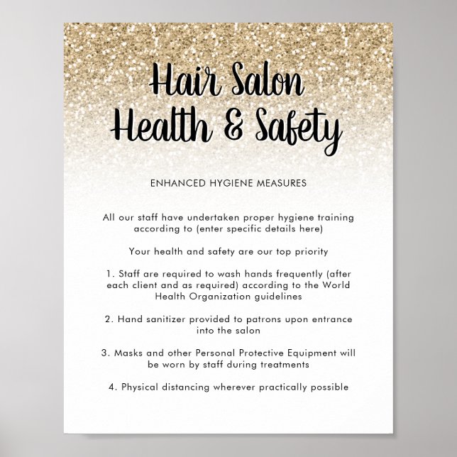 Hair Salon Health Safety Poster Gold Glitter (Front)