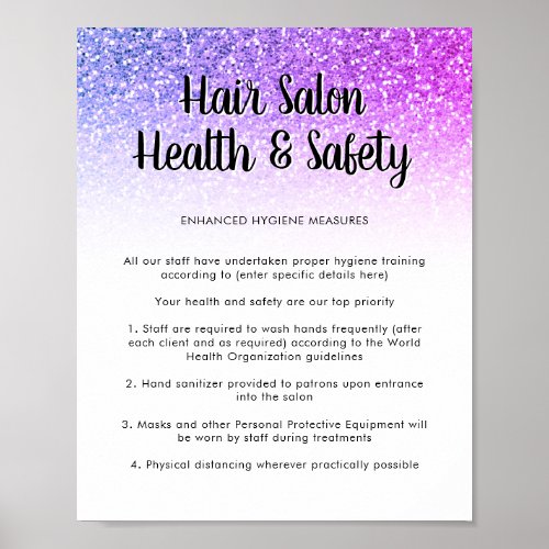 Hair Salon Health Safety Poster Purple Glitter