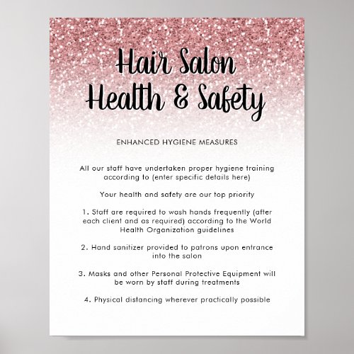 Hair Salon Health Safety Poster Rose Gold Glitter