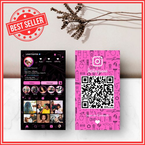 Hair Salon Instagram Pink   Social Media QR Code Business Card