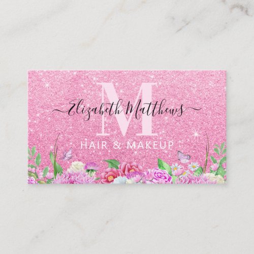 Hair Salon Makeup Artist Business Card - Personalize this business card with your own initials, name and contact details. This trendy pink glitter floral business card can be used for a variety of jobs. PLEASE NOTE: If you would like to keep the swirls at the end of the name, then please do not remove the symbols either side.