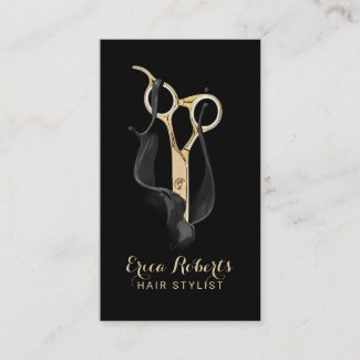Hair Salon Modern Black & Gold Hair Stylist Business Card
