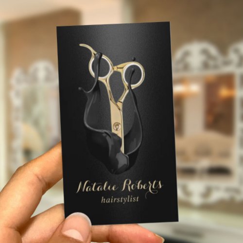 Hair Salon Modern Black Gold Scissor Hair Stylist Business Card