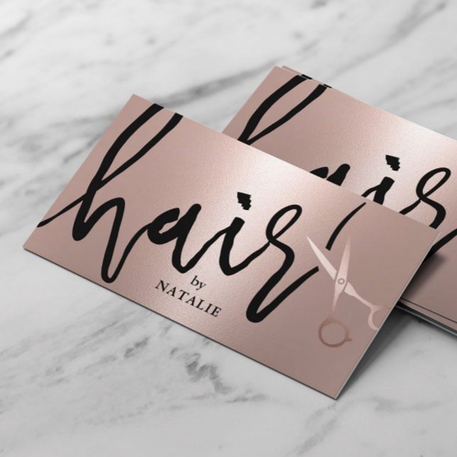 Hair Salon Modern Rose Gold Handwritten Script Business Card (Creator Uploaded)