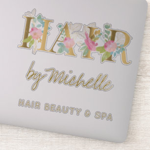 Hair salon name gold and pink floral typography sticker
