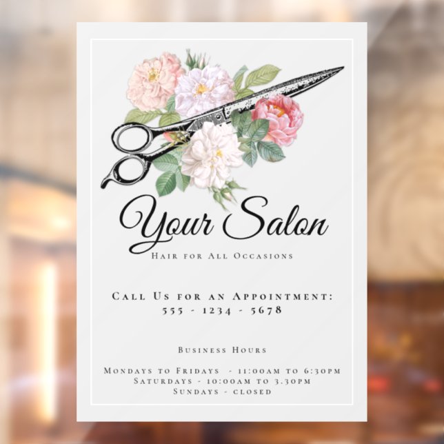 Hair Salon Opening Hours Pink Roses Light Gray Window Cling (Sheet 2)