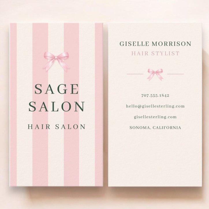 Hair Salon Pink And Green Striped Preppy Bow Business Card
