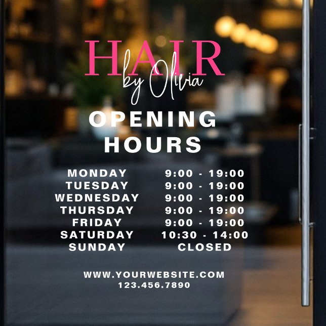 Hair Salon Pink Business Opening Hours White Window Cling (Creator Uploaded)