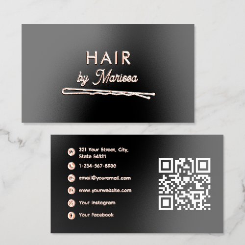 Hair Salon Pins Black Metallic Rose Gold QR Code Foil Business Cards