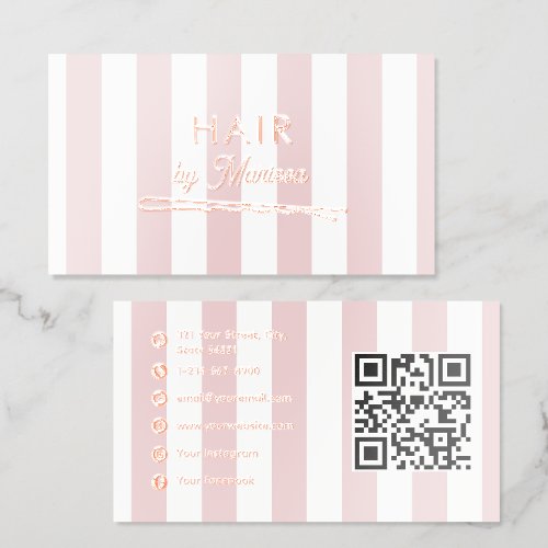 Hair Salon Pins Stripes Pink Rose Gold QR Code Foil Business Cards