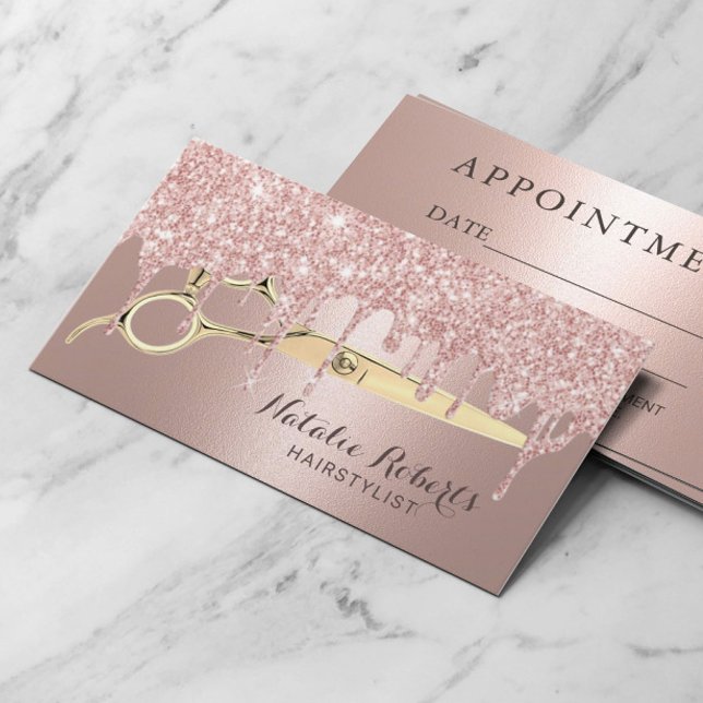 Hair Salon Rose Gold Glitter Drips Appointment Card (Creator Uploaded)