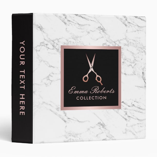 Hair Salon Rose Gold Scissor Elegant White Marble Binder (Front/Spine)
