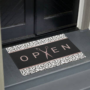 Hair Salon Rose Gold Scissor Leopard Welcome Doormat