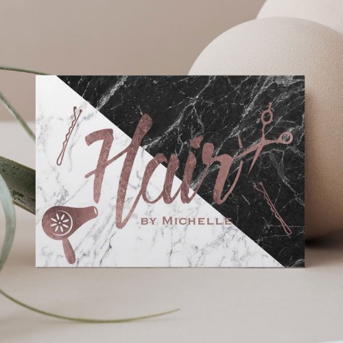 Hair Salon Rose Gold Script Black  White Marble Business Card