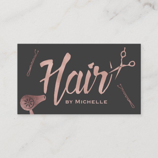 Hair Salon Rose Gold Typography Dark Grey Business Card (Front)