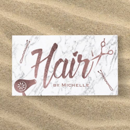 Hair Salon Rose Gold Typography White Marble Business Card