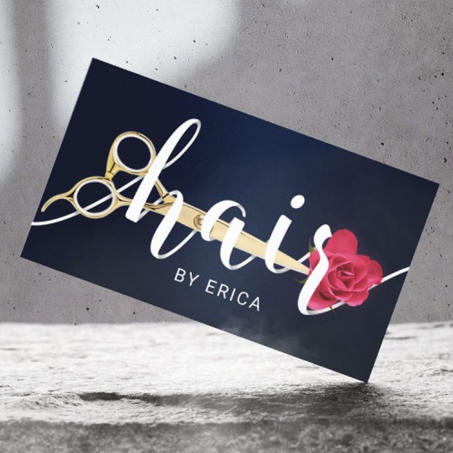 Hair Salon Scissor & Flower Typography Navy Blue Business Card (Creator Uploaded)